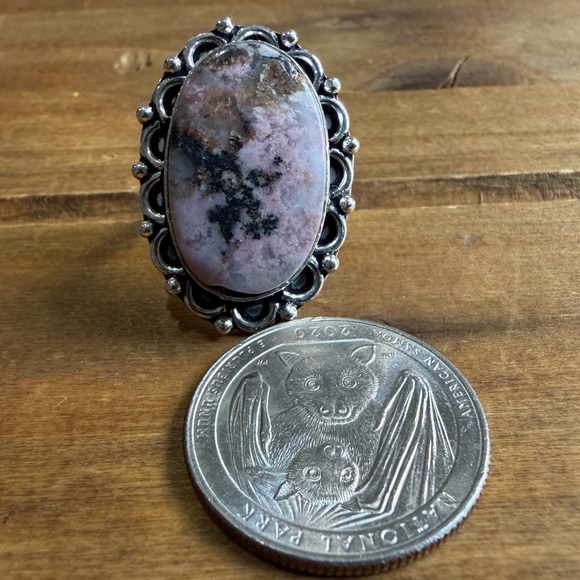 Vintage Style Genuine Dendritic Rhodonite Size Ring 6.5 Silver 925 Plated Boho - Picture 2 of 4